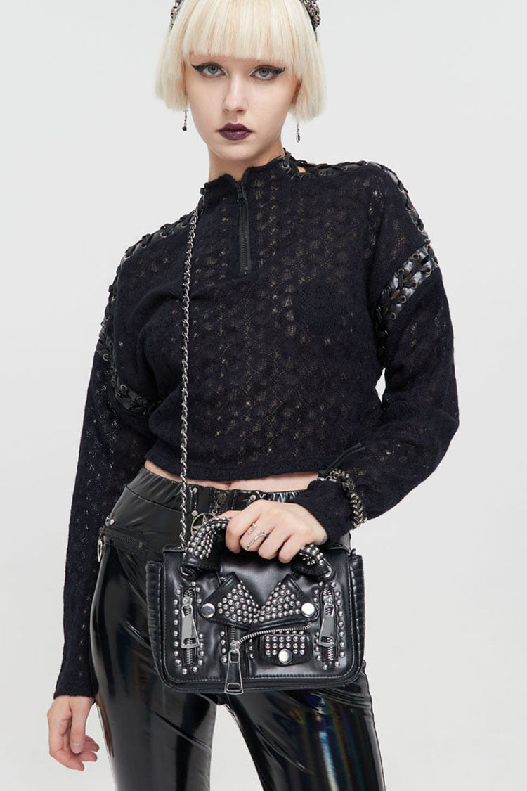 Black Punk Leather Imitation Collar Design Metal Rivet Zipper Women's Bag - Product - 2