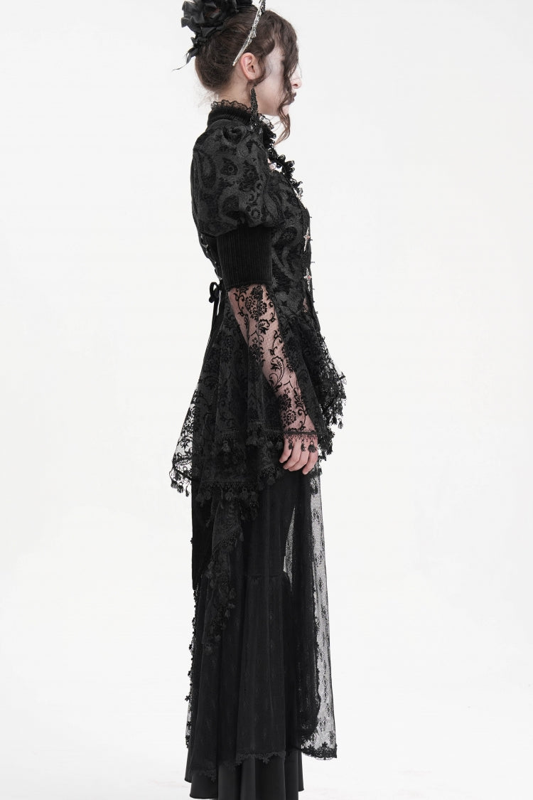 Black Long Sleeves Hollow Lace Tassels Women's Gothic Jacket - Product - 6