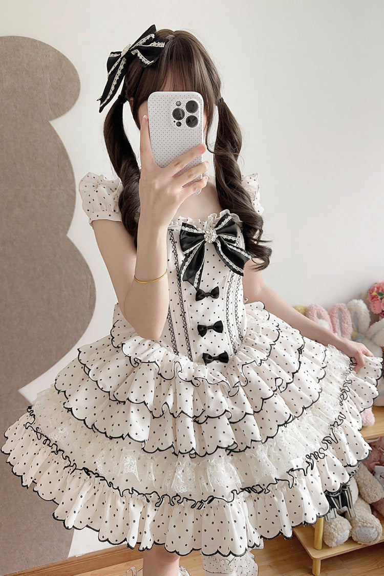Beige Sleeveless Multi-Layered Polka Dots Printed Ruffled Bow Sweet Princess Lolita Jsk Dress - Product - 10