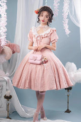 Pink Short Sleeves Ruffle Bowknot Sweet Princess Lolita Dress - Pink - 1