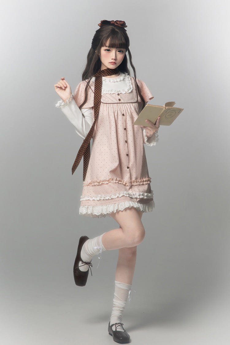 Pink [Polka Dot Bouclé] Round Collar Long Sleeves Printed Ruffled Faux Two-Piece Sweet Japanese Lolita Dress - Product - 5