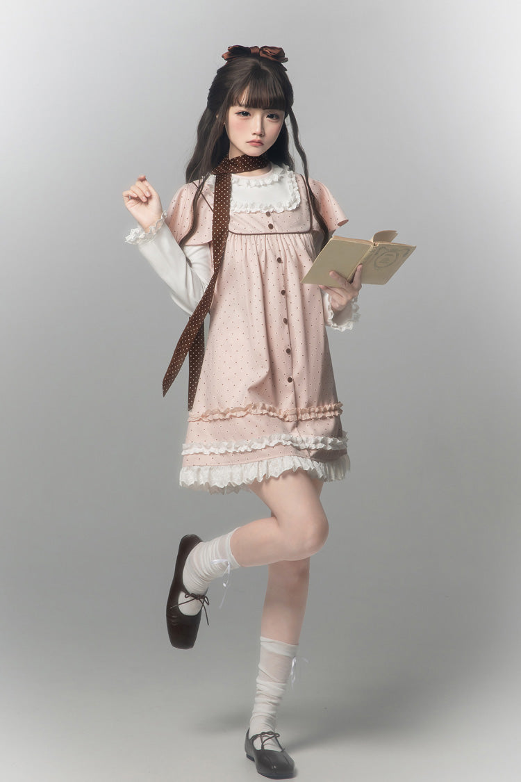 Pink [Polka Dot Bouclé] Round Collar Long Sleeves Printed Ruffled Faux Two-Piece Sweet Japanese Lolita Dress - Product - 5