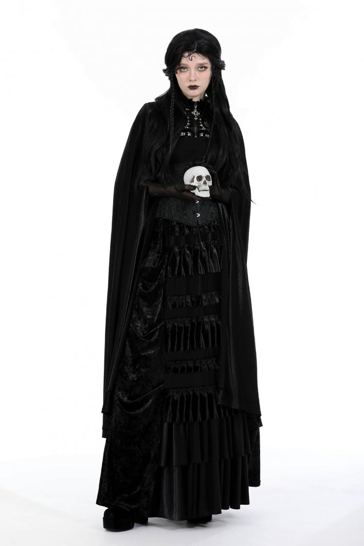 Black Cross Zippered Floral Embroidered Women's Gothic Cloak with Hood - Product - 12
