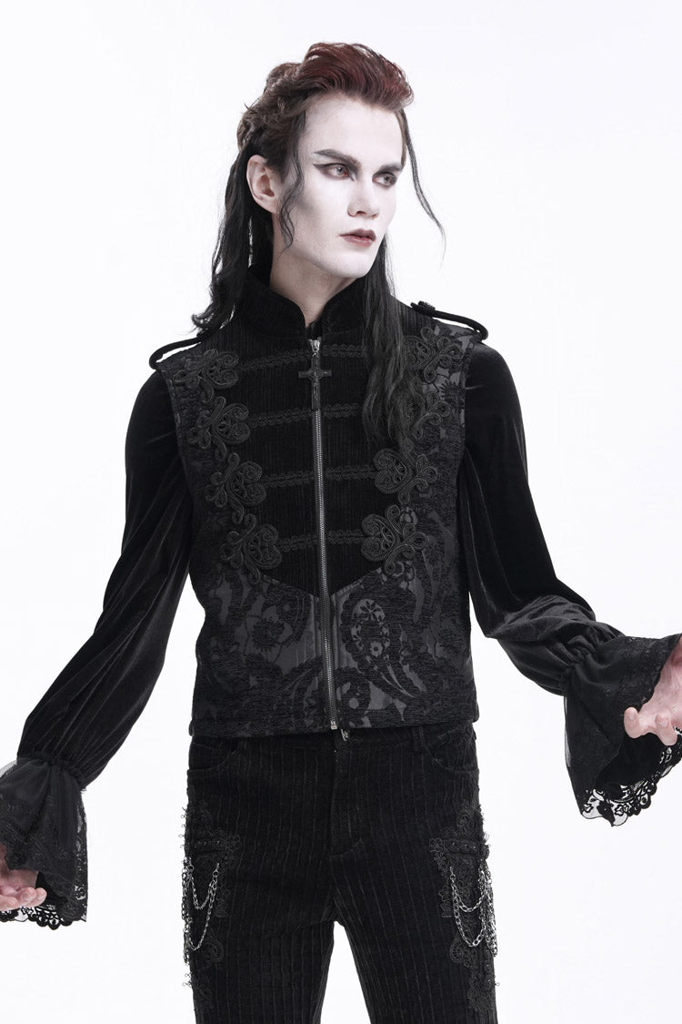 Black Stand Collar Sleeveless Floral Crochet Zipper Men's Gothic Vest - Product - 6