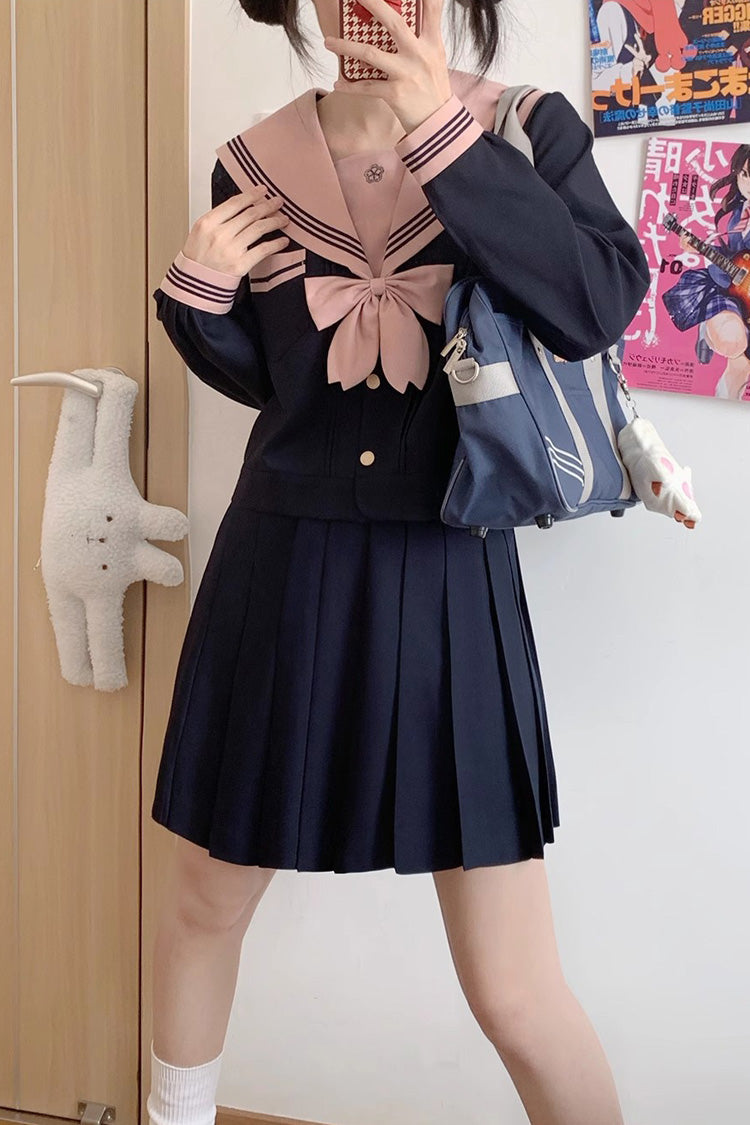 Dark Blue Sailor Collar Long Sleeves Sweet Japanese School Skirt Set - Dark-Blue - 1