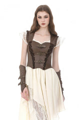 Brown Sweetheart Neckline Ruffled Flutter Sleeves Cut-Out Buckled Strap Women's Steampunk Slim Corset Vest - Brown - 1