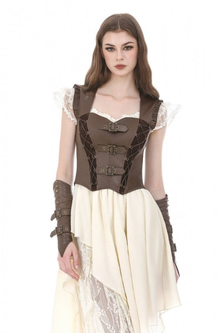 Brown Sweetheart Neckline Ruffled Flutter Sleeves Cut-Out Buckled Strap Women's Steampunk Slim Corset Vest - Brown - 1