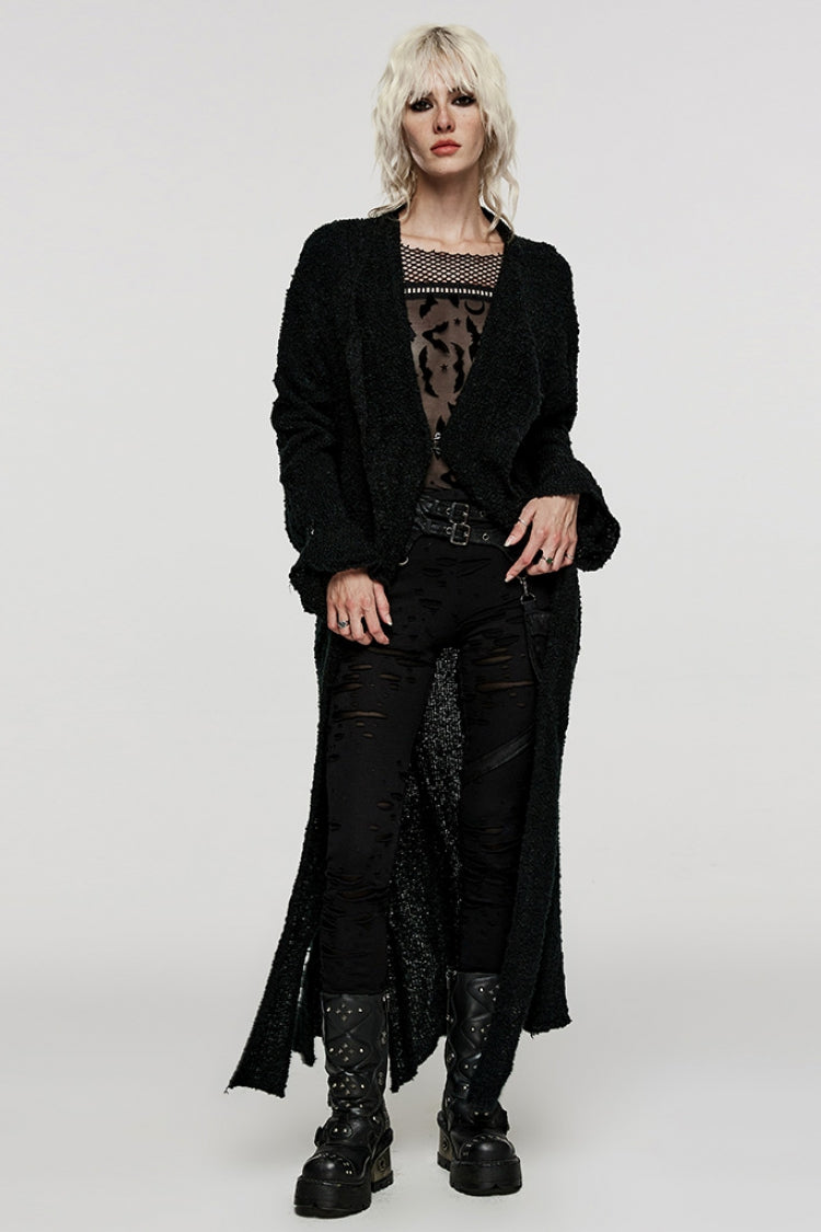 Black Lapel Collar Long Sleeves Wool Slit Hem Irregular Women's Punk Jacket - Product - 4