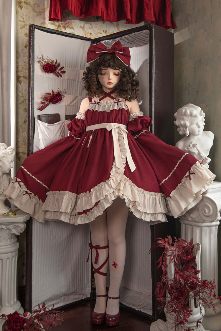 Red [Monet Estate] Sleeveless High Waisted Ruffle Bowknot Asymmetric Gothic Lolita Jsk Dress - Product - 16