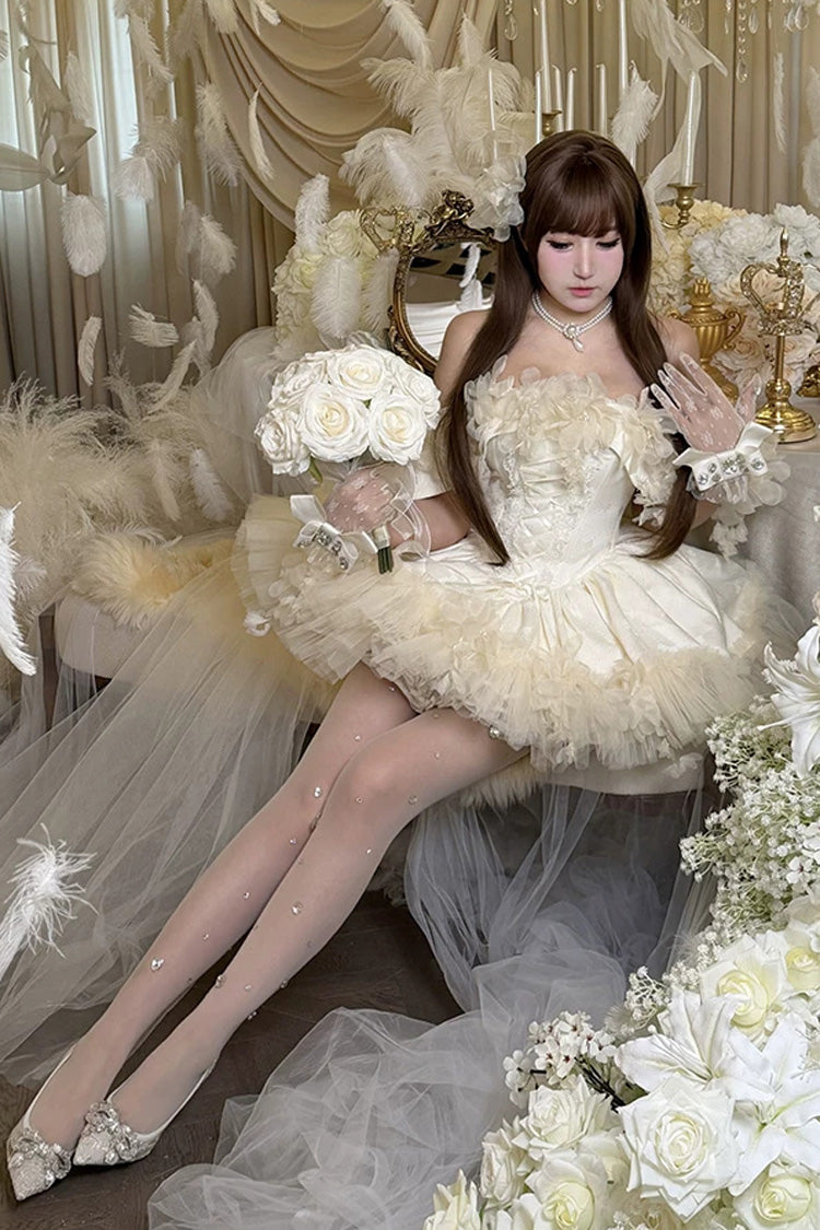Apricot [Dream Confession] Sleeveless Multi-Layered Ruffled Hanayome Bow Lace Lace-Up Sweet Lolita Jsk Dress Short Version - Product - 3