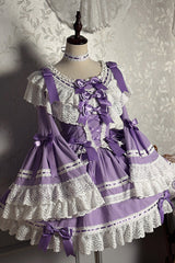 Purple [Rabbit Sleeping Doll] Long Trumpet Sleeves Ruffle Bowknot Lace Sweet Lolita Dress - Purple - 1