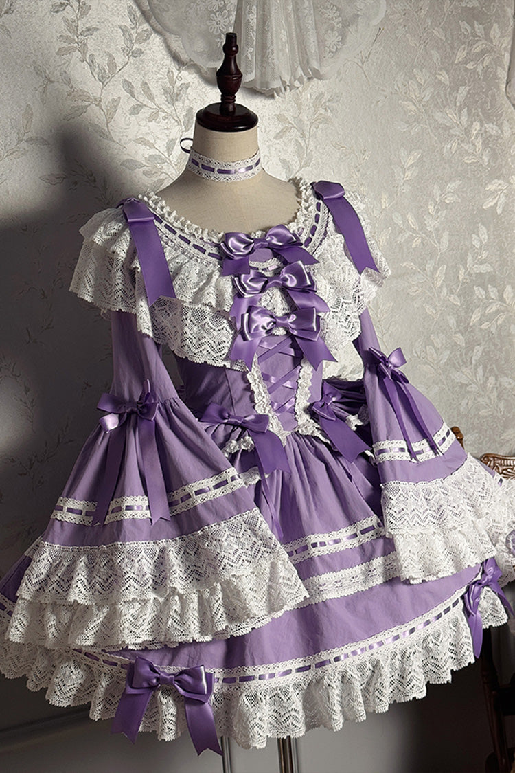 Purple [Rabbit Sleeping Doll] Long Trumpet Sleeves Ruffle Bowknot Lace Sweet Lolita Dress - Purple - 1