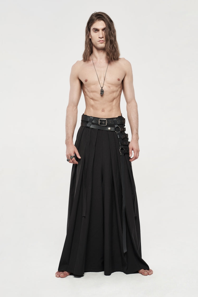 Black Asymmetric Buckled Men's  Japanese Punk Warrior Pantskirts With Harness - Product - 2