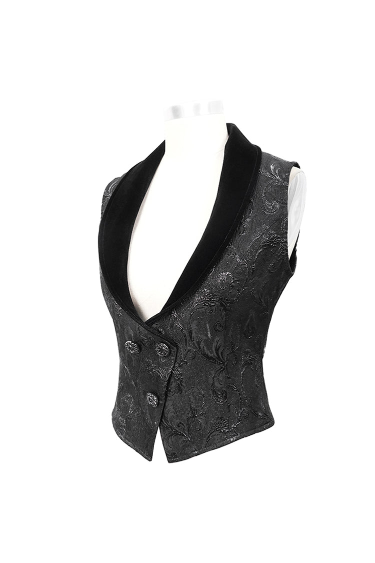Black Velvet 3D Jacquard Low Collar Women's Gothic Waistcoat - Product - 7