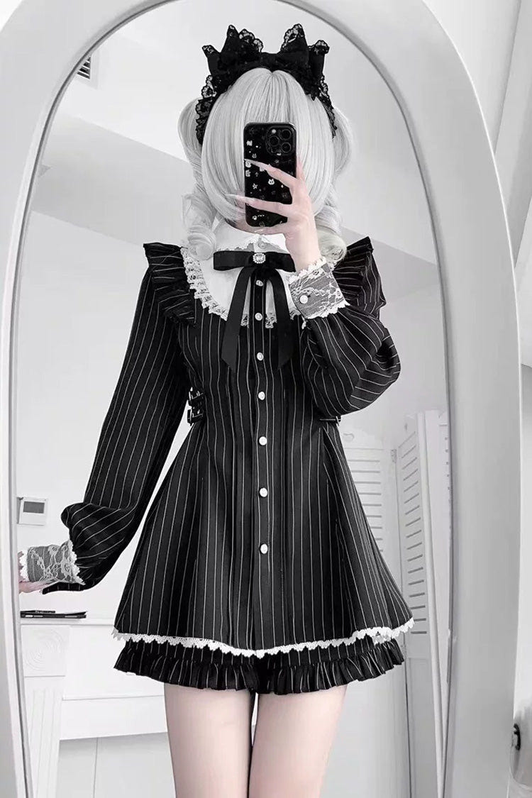 Black Doll Collar Long Sleeves Vertical Striped Printed Ruffled Bow Classic Lolita Dress - Black - 1
