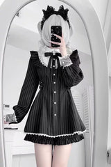 Black Doll Collar Long Sleeves Vertical Striped Printed Ruffled Bow Classic Lolita Dress - Black - 1