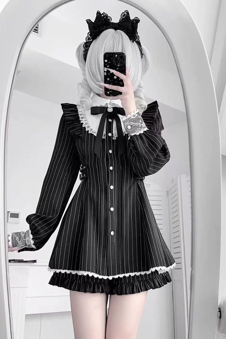 Black Doll Collar Long Sleeves Vertical Striped Printed Ruffled Bow Classic Lolita Dress - Black - 1