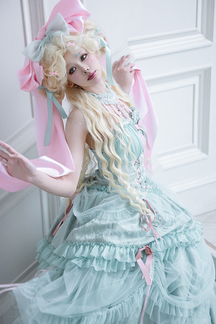 Green Cross Halterneck Ruffle Bowknot Lace Lace-Up Princess Sweet Lolita Dress - Product - 5