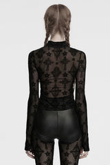Black Stand Collar Long Sleeves Star Cross Embroidery Sheer Mesh Women's Gothic T-Shirt - Product - 3