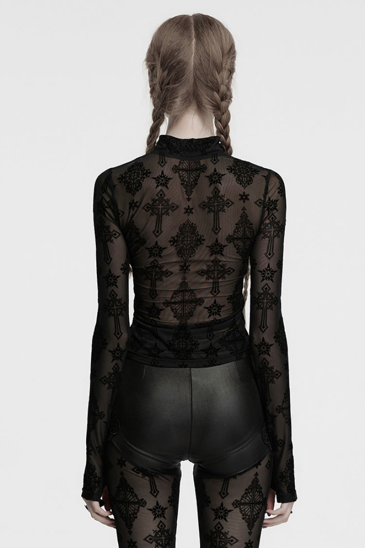 Black Stand Collar Long Sleeves Star Cross Embroidery Sheer Mesh Women's Gothic T-Shirt - Product - 3