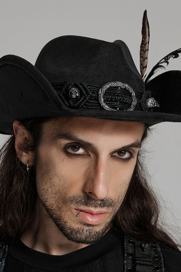 Black Tassels Feather Skull Men's Punk Hat - Black - 1