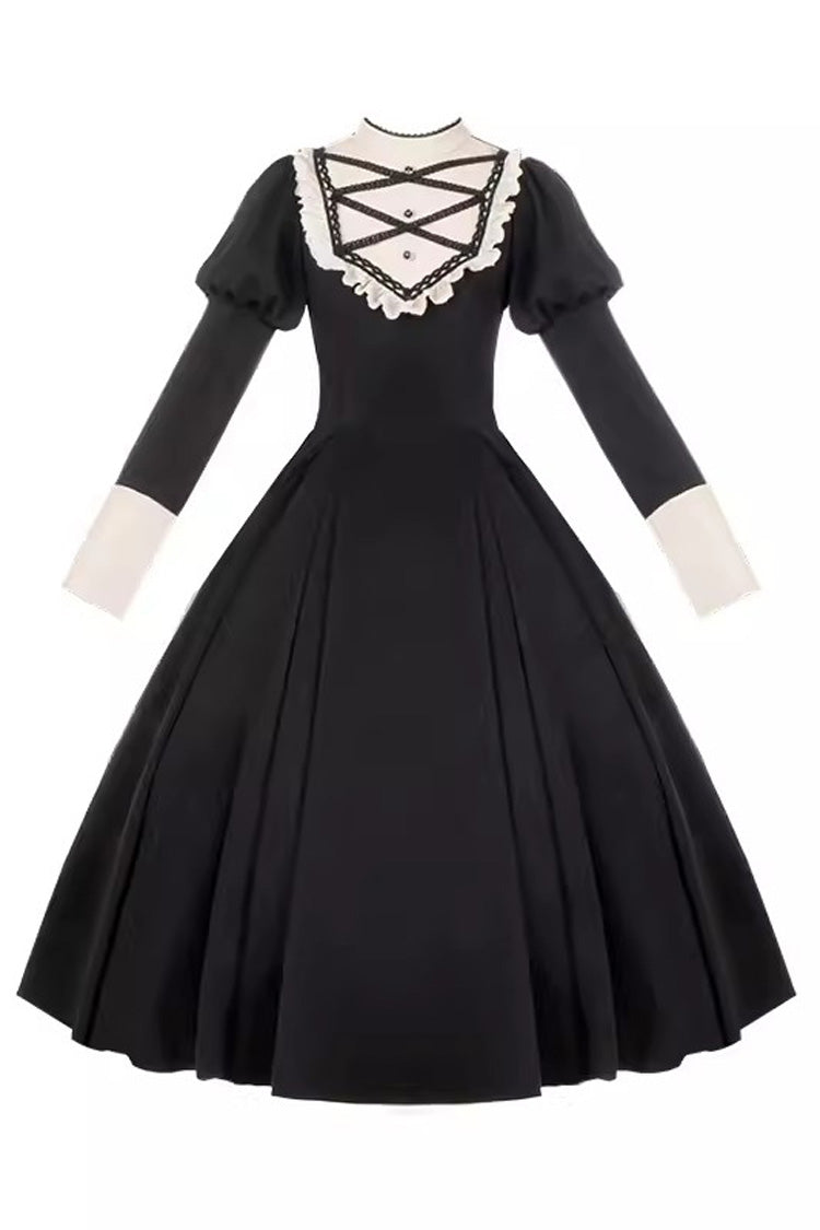 Black Nun Style Stand Collar Long Sleeves Ruffle Bowknot Gothic Elegant Lolita Dress - Product - 3