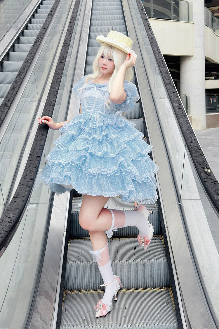 Blue Short Sleeves Multi-Layered Ruffle Hanayome Bowknot Lace Plus Size Sweet Lolita Dress - Product - 5