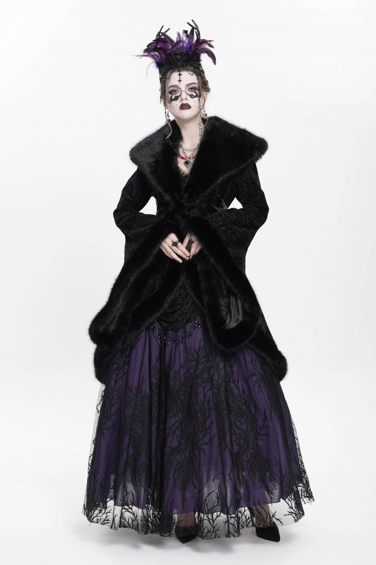 Black Long Sleeves Floral Embroidery Women's Gothic Fluffy Coat - Product - 10