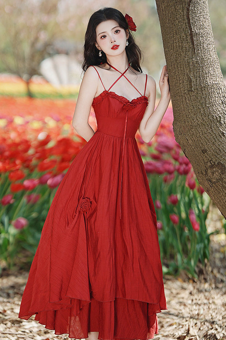 Red Sleeveless Double-Layered Ruffled Rose Classic Lolita Jsk Dress - Red - 1