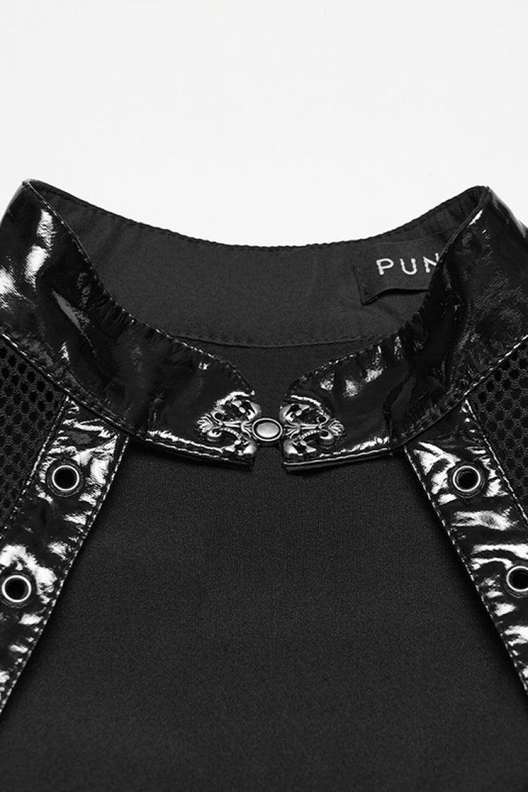 Black Stand Collar Short Sleeves Spliced Lace-Up Slim Mesh Buckled Women's Punk Handsome Dress - Product - 6