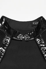 Black Stand Collar Short Sleeves Spliced Lace-Up Slim Mesh Buckled Women's Punk Handsome Dress - Product - 6
