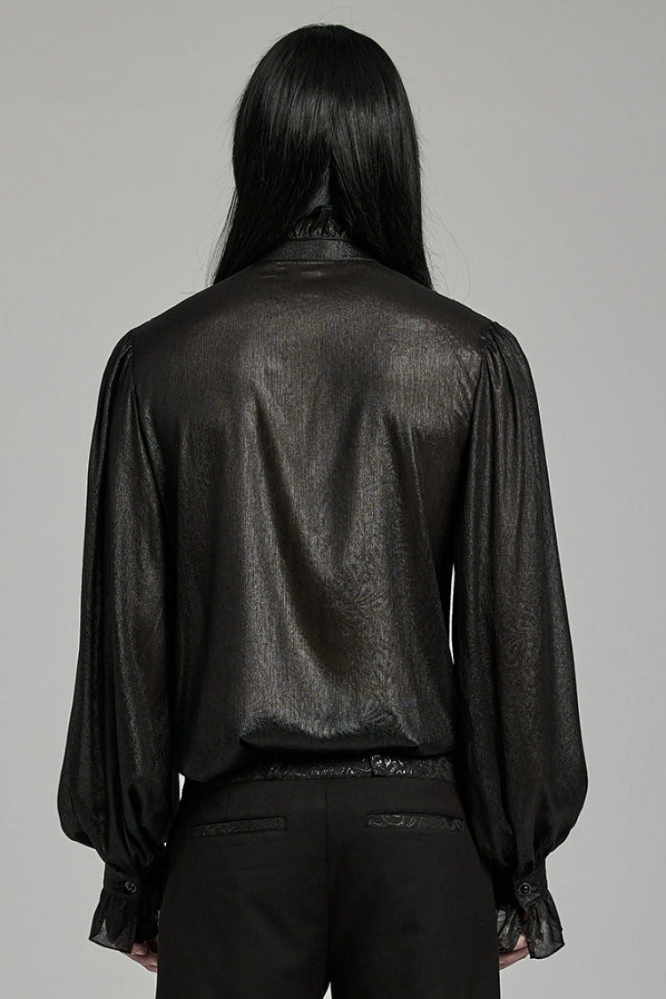 Black Stand Collar Jacquard Ruffle Men's Gothic Blouse - Product - 3
