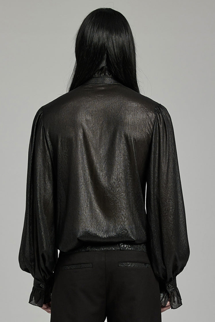 Black Stand Collar Jacquard Ruffle Men's Gothic Blouse - Product - 3