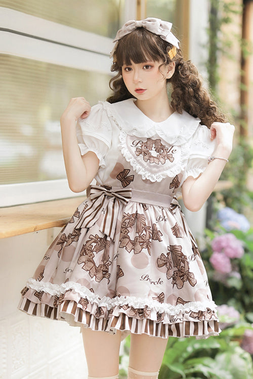 Brown Chocolate Wreath Print Sweet Lolita Strap Dress - Product - 2