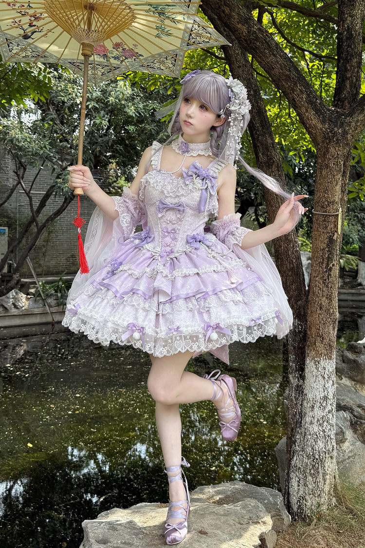 Purple [Prelude of Spring Cherry] Square Collar Sleeveless Multi-Layered Jacquard Ruffled Bow Lace Pearl-Decorated Sweet Lolita Jsk Dress - Product - 5