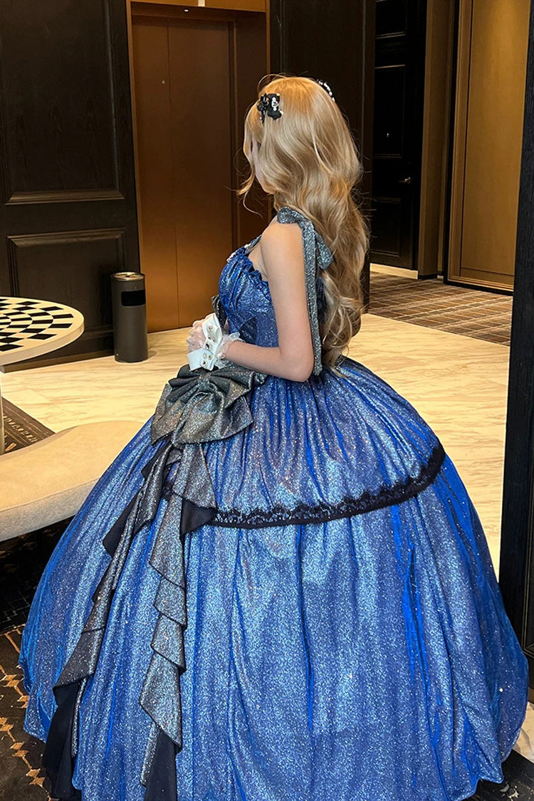Blue [Galaxy of Fallen Tears] Sleeveless Glitter Series Ruffled Bow Asymmetric Sweet Lolita Jsk Dress - Product - 2