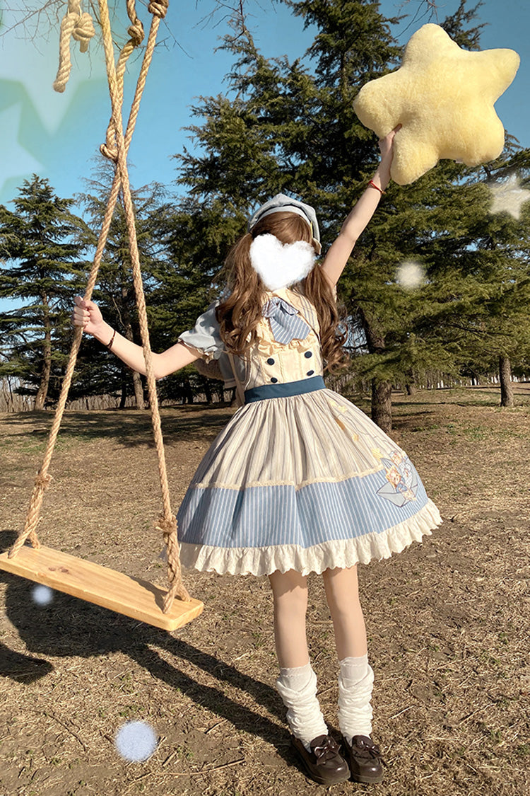 Blue/Ivory Catch The Stars Print Navy Style Sleeveless Ruffle Bowknot Sweet Lolita Dress - Product - 9