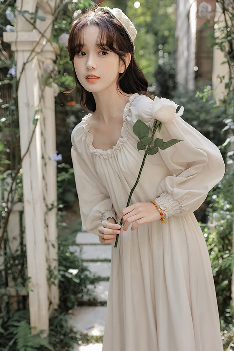 Pink/Apricot Square Collar Long Sleeves Ruffled Embroidered Lace-Up Sweet Lolita Two-Piece Dress Set - Product - 16