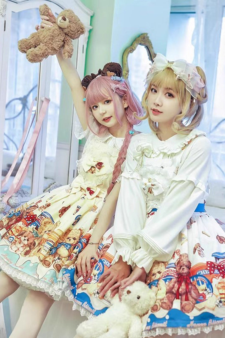 Honey Bear Cafe Print Bowknot Lace Sweet Lolita Jsk Dress 2 Colors - Product - 2