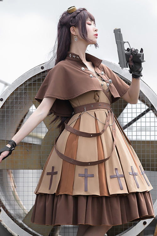 Brown Retro Military Style Dawn Classic Lolita JSK Dress Full Set - Product - 2