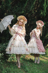 Ivory [Lilica Garden] Lapel Collar Short Trumpet Sleeves Ruffled Open-Front Bow Lace Sweet Elegant Luxurious Lolita Dress - Product - 12