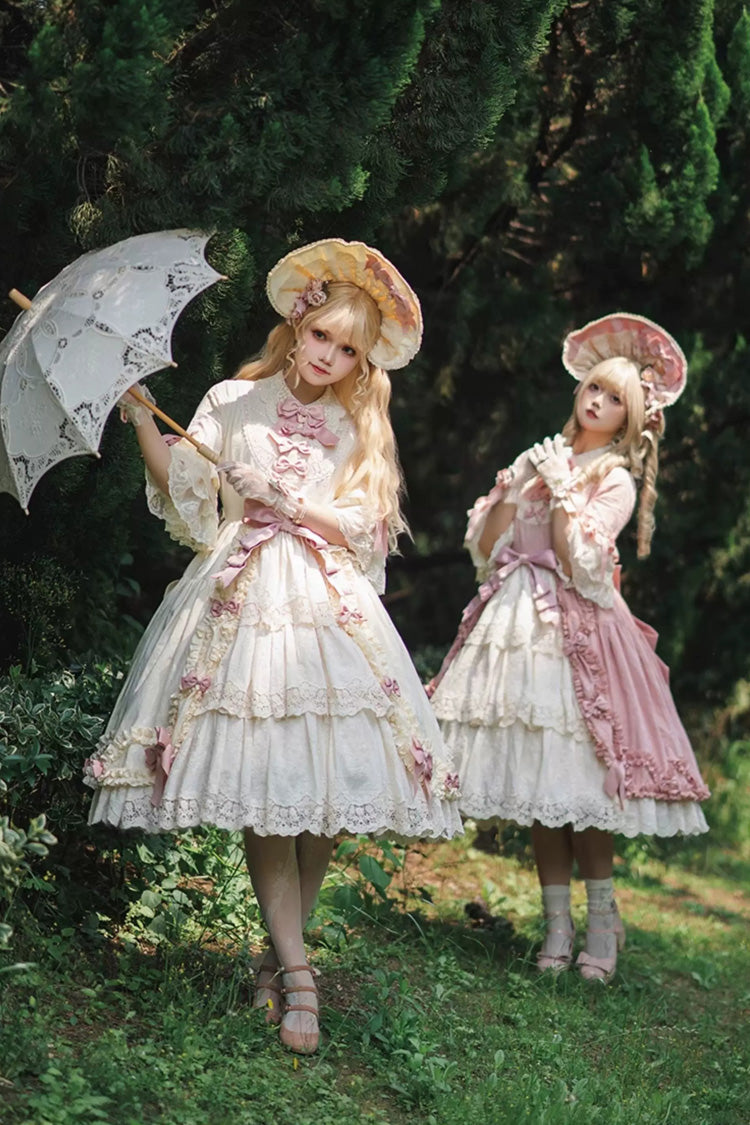 Ivory [Lilica Garden] Lapel Collar Short Trumpet Sleeves Ruffled Open-Front Bow Lace Sweet Elegant Luxurious Lolita Dress - Product - 12