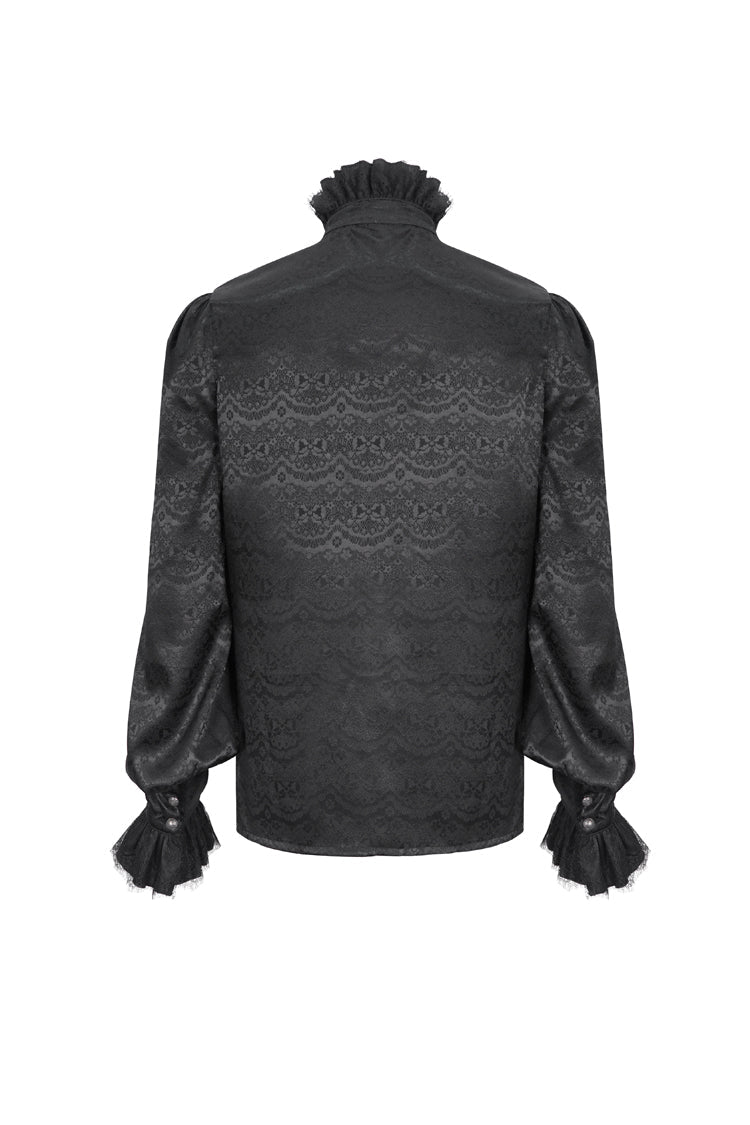 Black Stand Collar Long Sleeves Jacquard Ruffle Men's Gothic Blouse - Product - 7