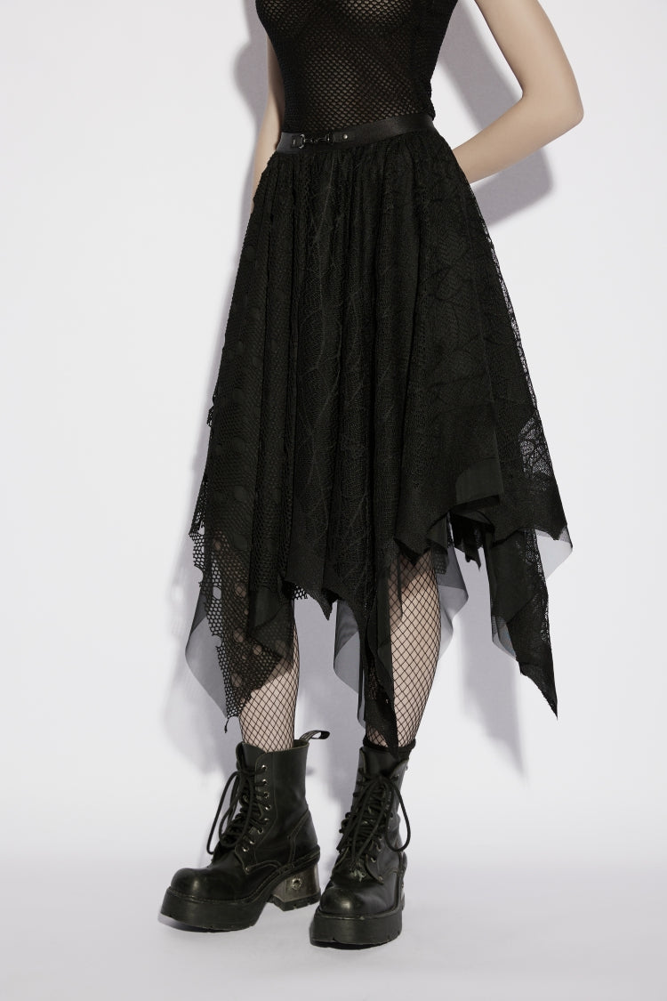 Black Multi-Layered Irregular Mesh Eyelet Women's Gothic Bat&Cobweb Skirt - Product - 2