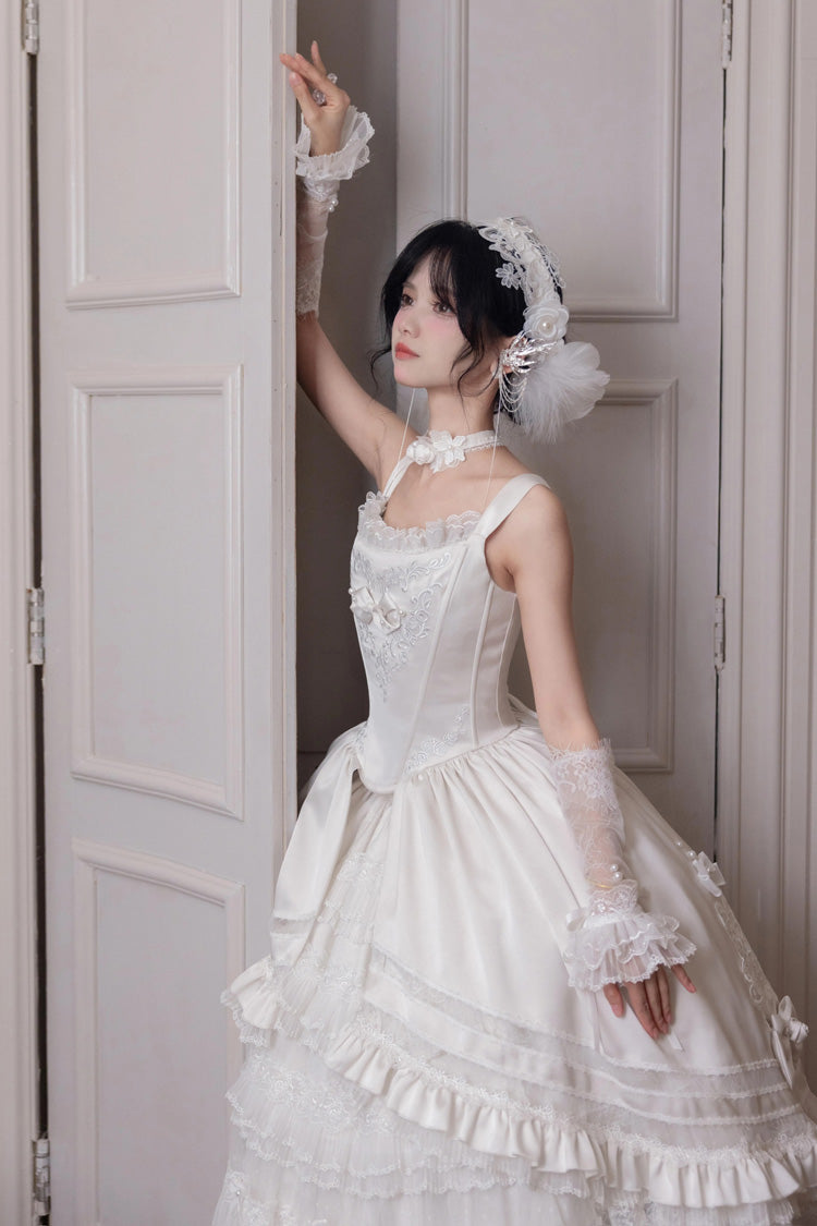 White [Promise of the Rose] Multi-Layered Ruffled Hanayome Open-Front Bow Sweet Gorgeous Lolita Jsk Dress Set - Product - 6