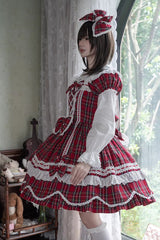 Red [Gingham Petal Bunny] Short Sleeves Printed Ruffled Bow Sweet Lolita OP Dress - Product - 12