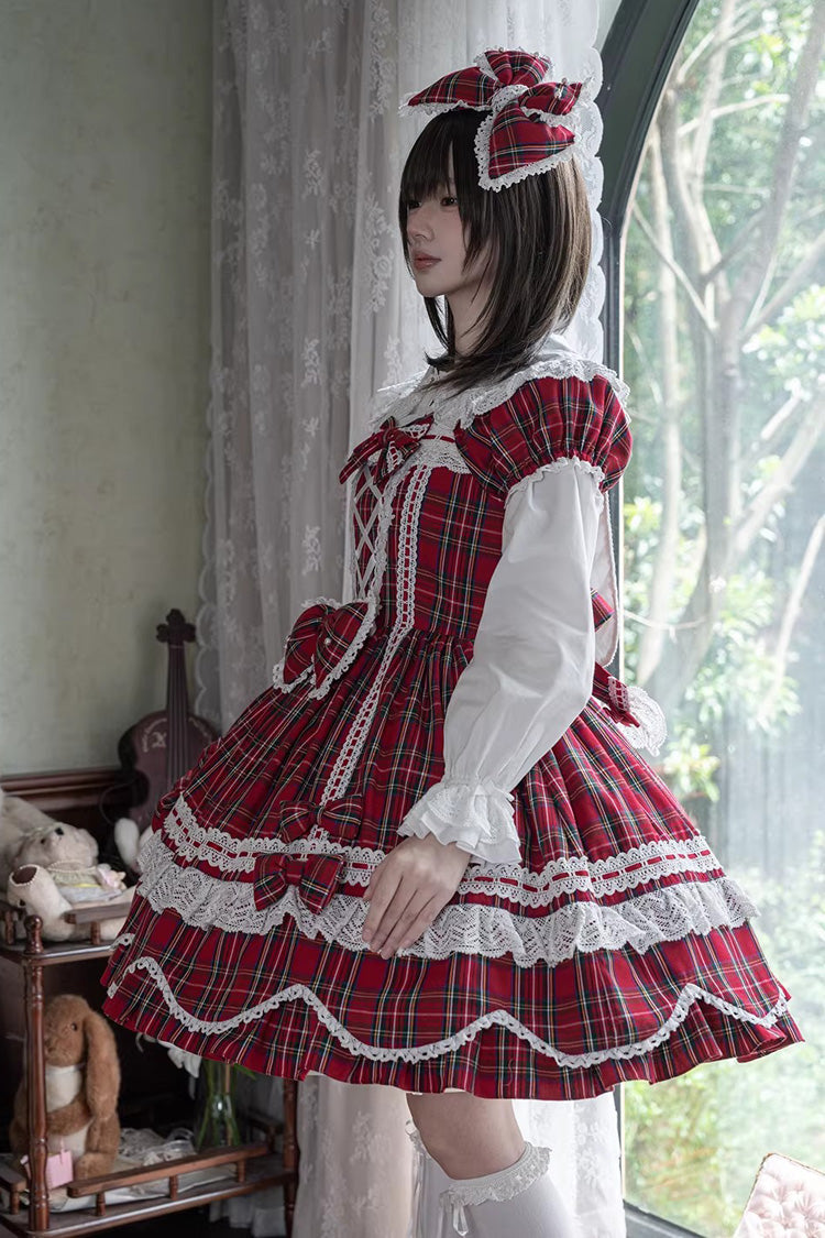 Red [Gingham Petal Bunny] Short Sleeves Printed Ruffled Bow Sweet Lolita OP Dress - Product - 12