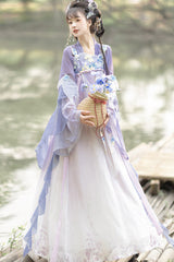 Purple [Princess Of The Sea] Hime Sleeves High Waisted Embroidered Women's Sweet Hanfu Dress Set - Purple - 1