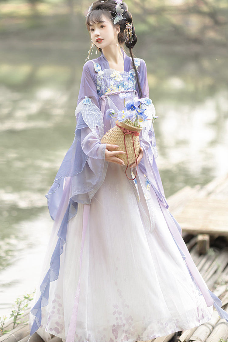 Purple [Princess Of The Sea] Hime Sleeves High Waisted Embroidered Women's Sweet Hanfu Dress Set - Purple - 1