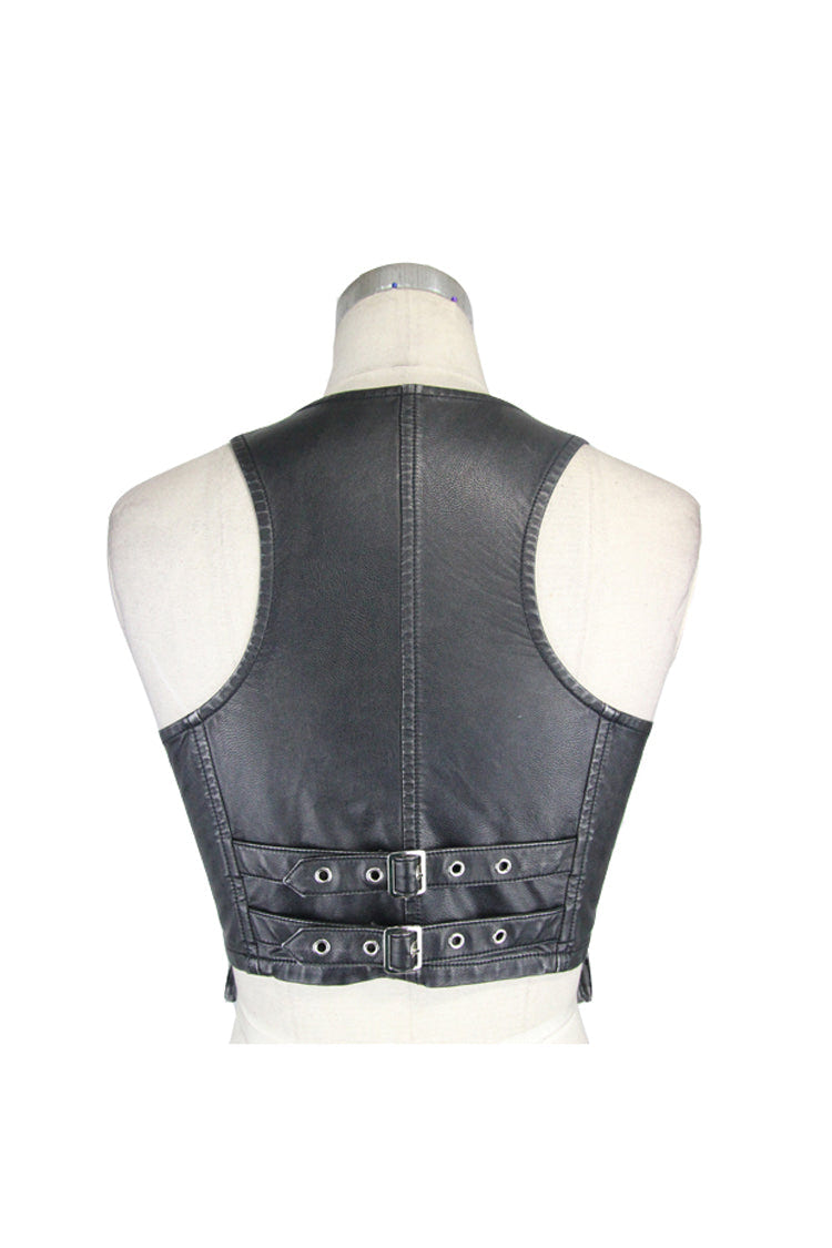 Black/Silver Hand Rubbed Leather Hasp Zipper Short Women's Punk Waistcoat - Product - 9